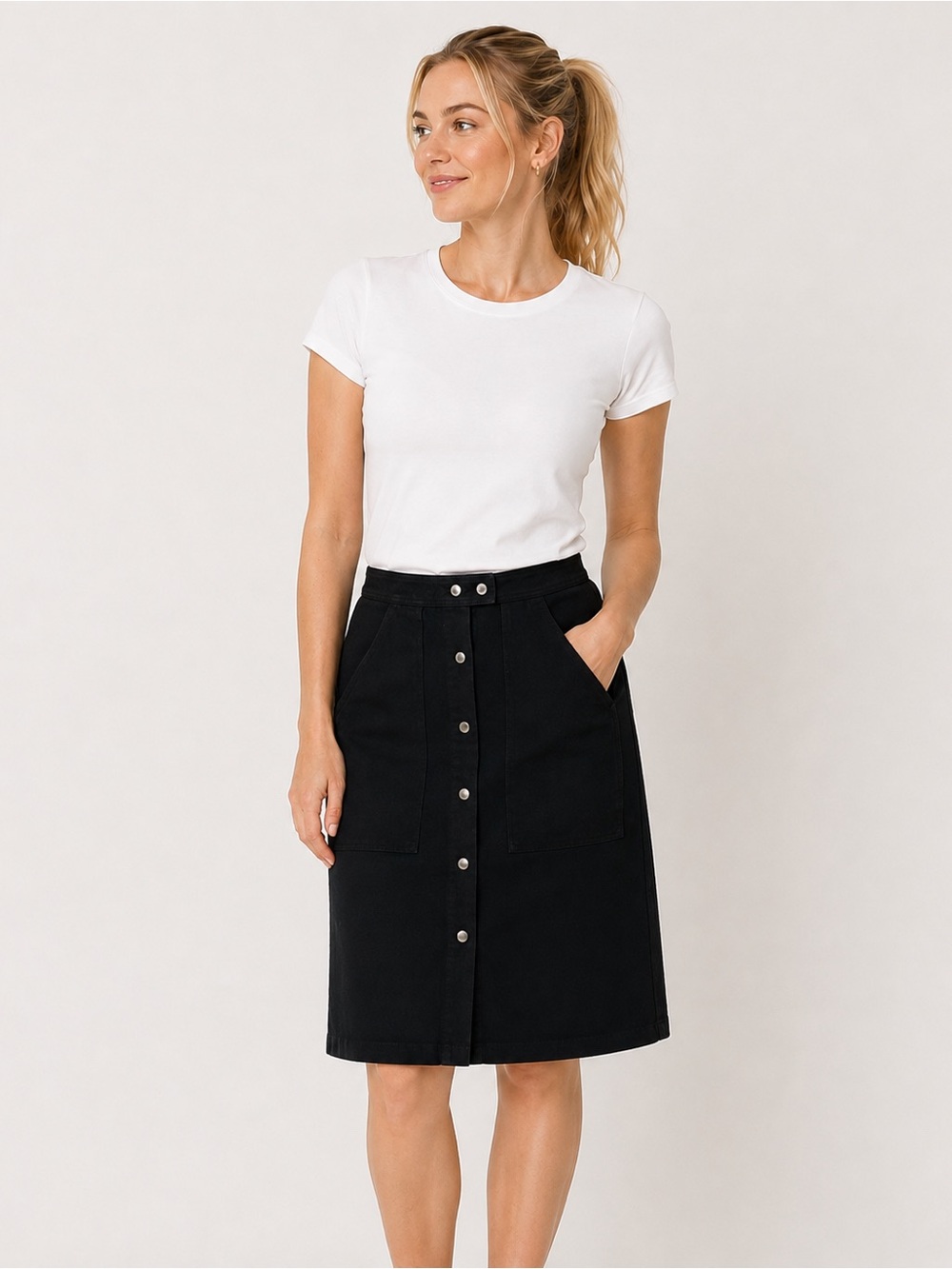 Theory Deep Navy Suede/Wool A-line Button-Front Midi Skirt